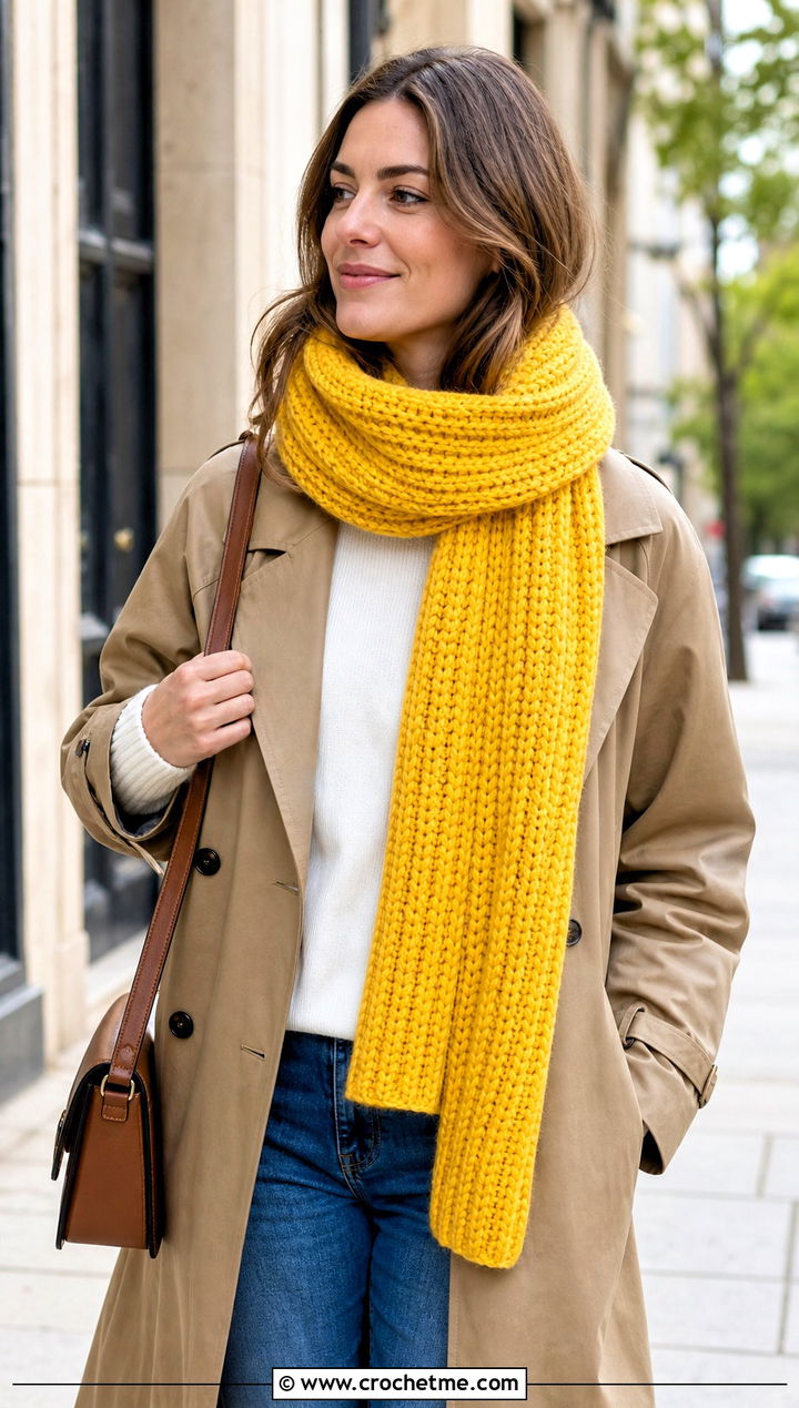 Thick Ribbed Crochet Scarf With Trench Coat And Jeans - 15 Thick Crochet Scarf outfit ideas