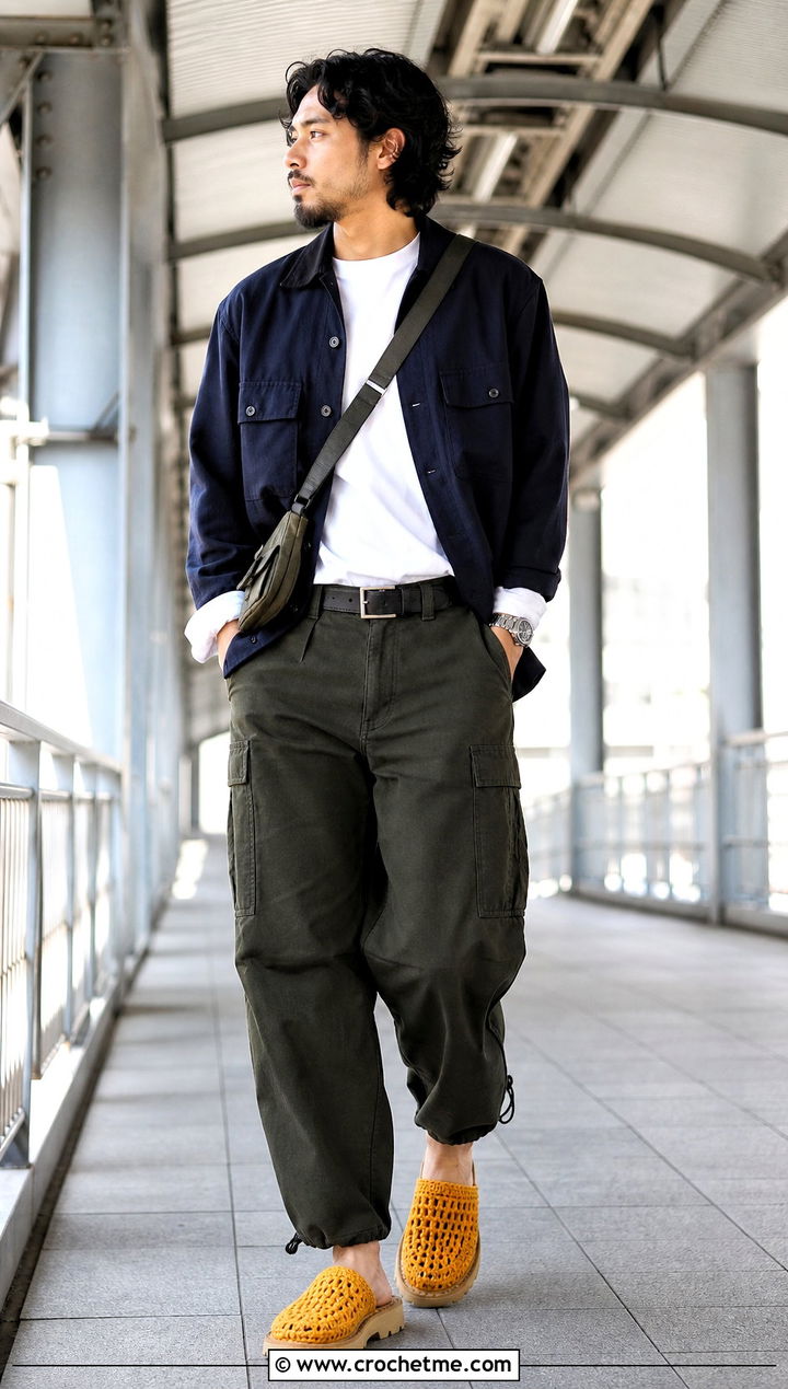 Thick Sole Crochet Slippers With Shacket and Cargo Pants - 35 mens crochet slippers outfit ideas