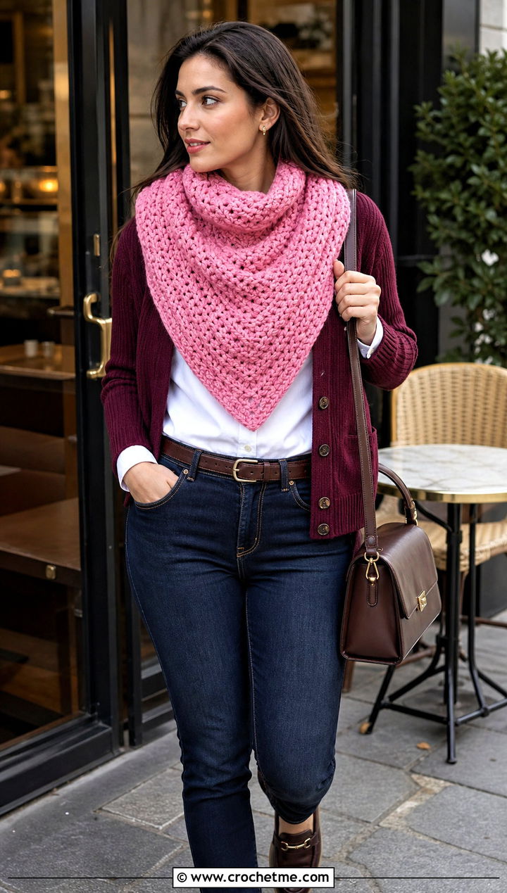 Thick Triangle Crochet Scarf With Cardigan And Tailored Jeans - 15 Thick Crochet Scarf outfit ideas