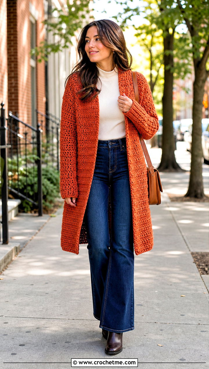 Thick Yarn Crochet Coatigan With Flared Jeans - 25 Thick Yarn Crochet Cardigan outfit ideas