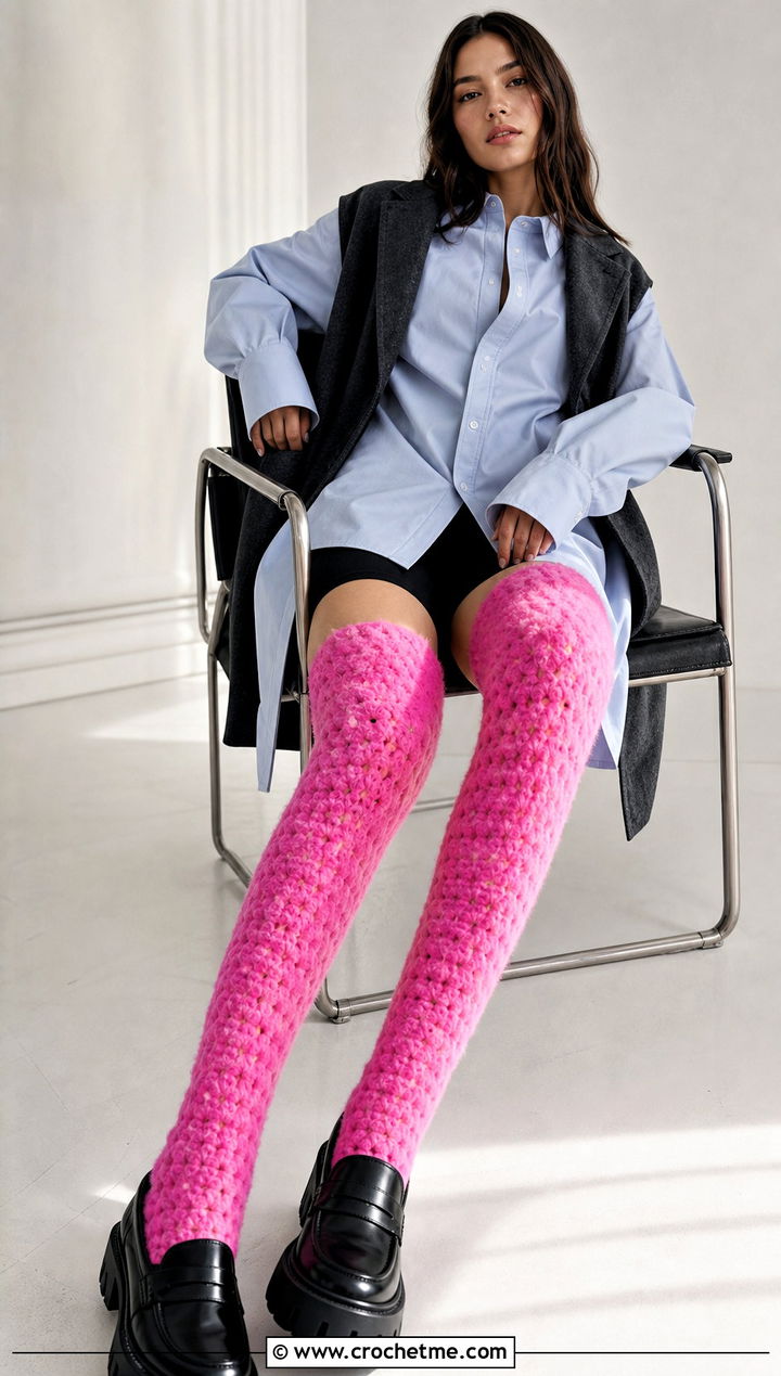 Thigh High Crochet Fluffy Socks With Oversized Shirt Dress - 25 Crochet Fluffy Socks outfit ideas