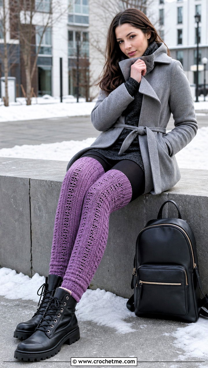 Thigh High Crochet Leg Warmers With Tunic Sweater And Combat Boots - 25 Crochet Legwarmer outfit ideas