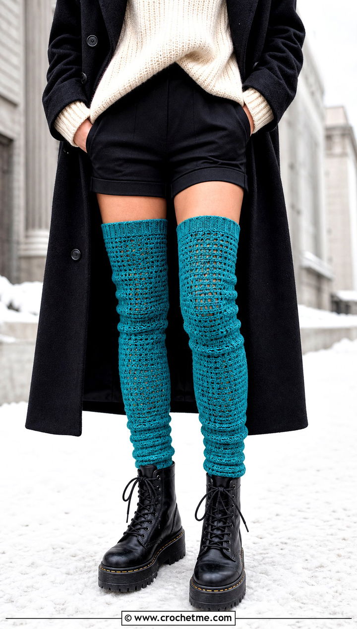 Thigh High Crochet Socks With Oversized Sweater And Shorts - 25 Crochet Socks For Women outfit ideas