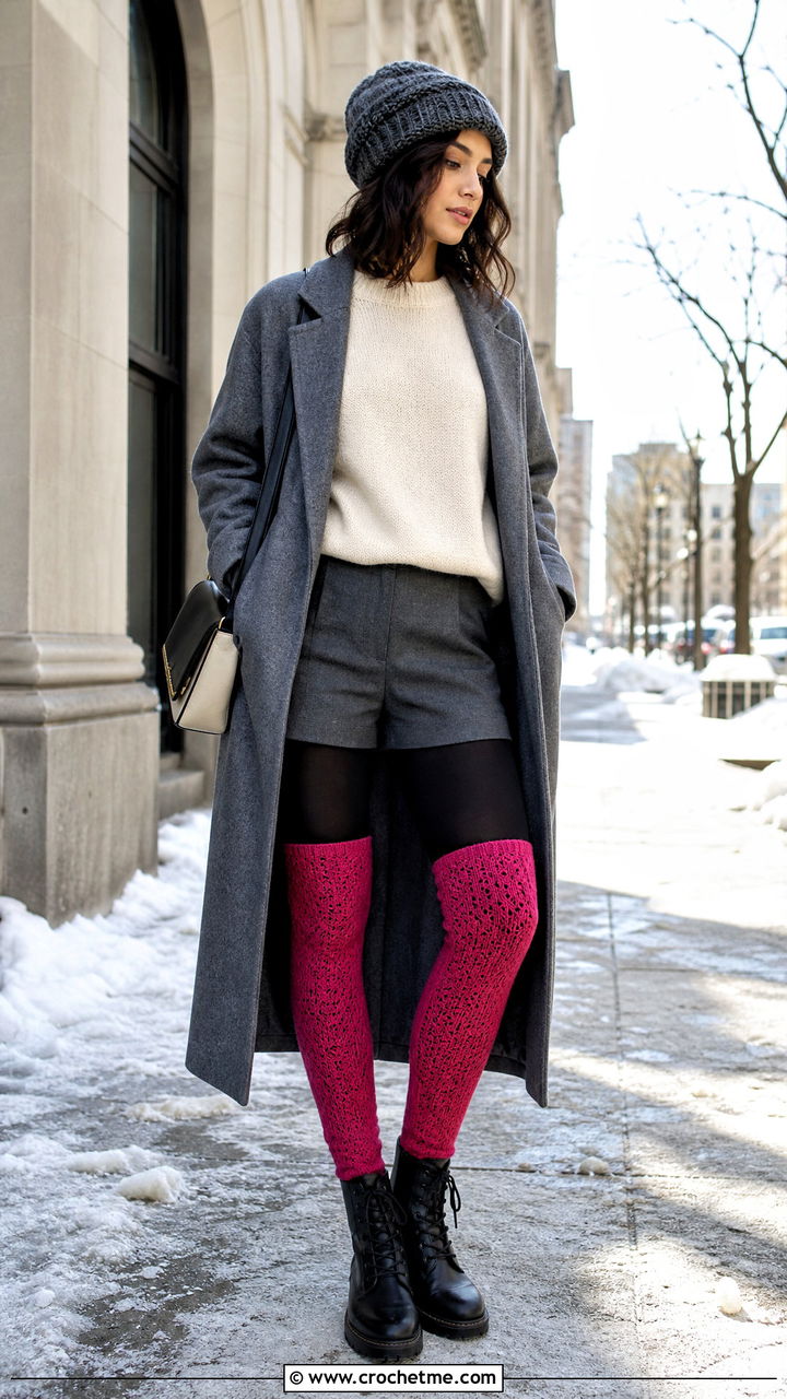Thigh High Crochet Socks With Sweater And Shorts - 35 easy crochet socks outfit ideas