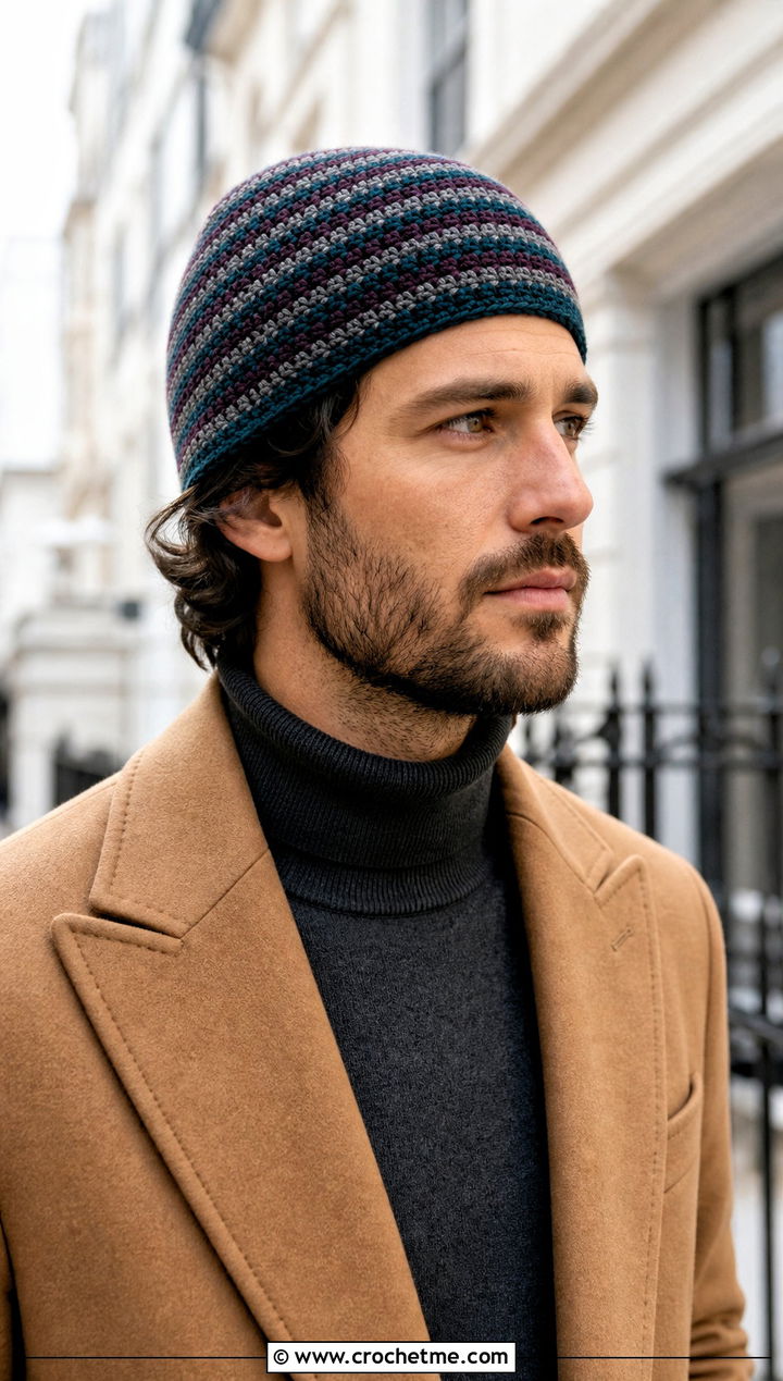 Thin Stripe Crochet Beanie With Wool Overcoat - 15 mens striped crochet beanie outfit ideas