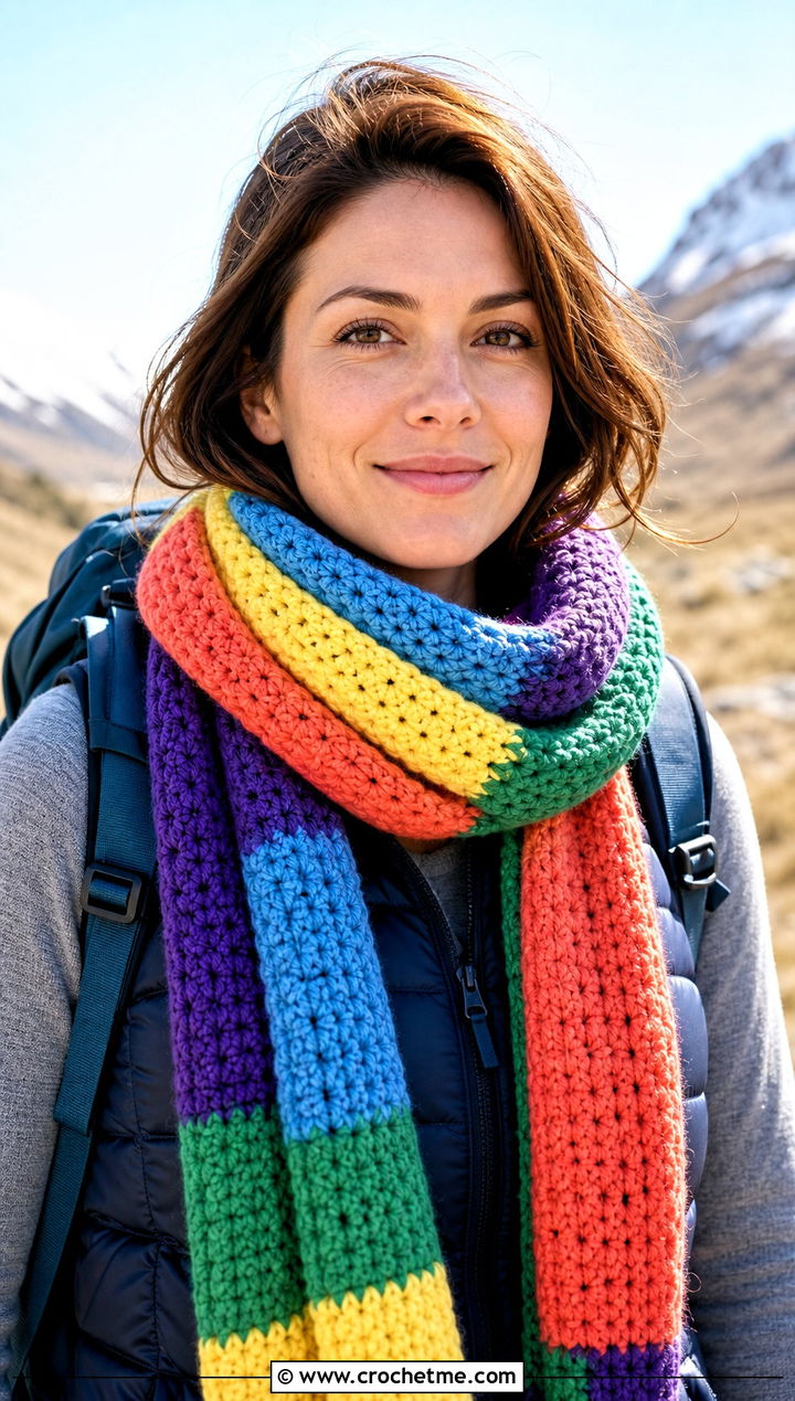 Thirteenth Doctor Rainbow Crochet Scarf With Puffer Vest - 25 Doctor Who Crochet Scarf outfit ideas