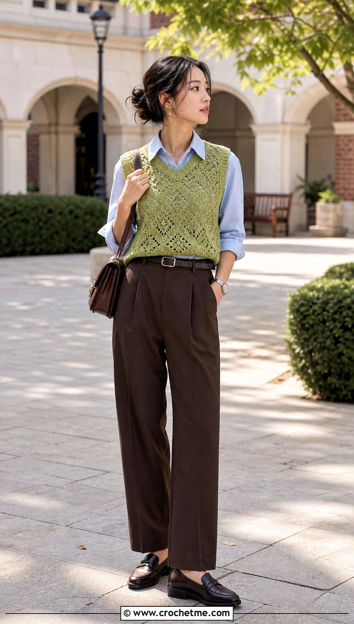 Thread Crochet Vest Top Over An Oxford Shirt - 15 Thread Crochet Tops outfit ideas