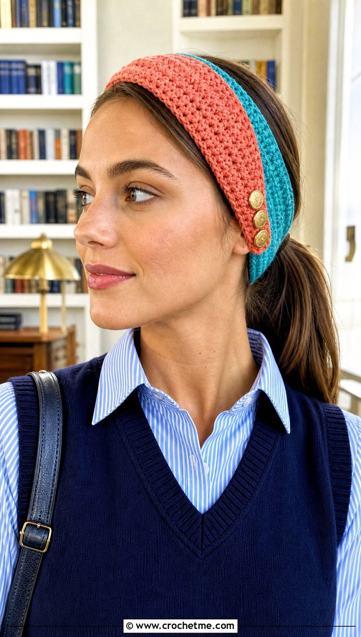 Three Button Reversible Headband With Sweater Vest - 15 Crochet Headband With Button outfit ideas