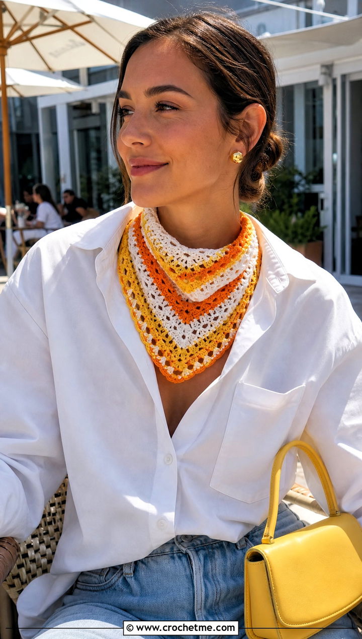 Three Color Bandana Crochet Scarf With White Shirt - 25 3 Colors Crochet Scarf outfit ideas