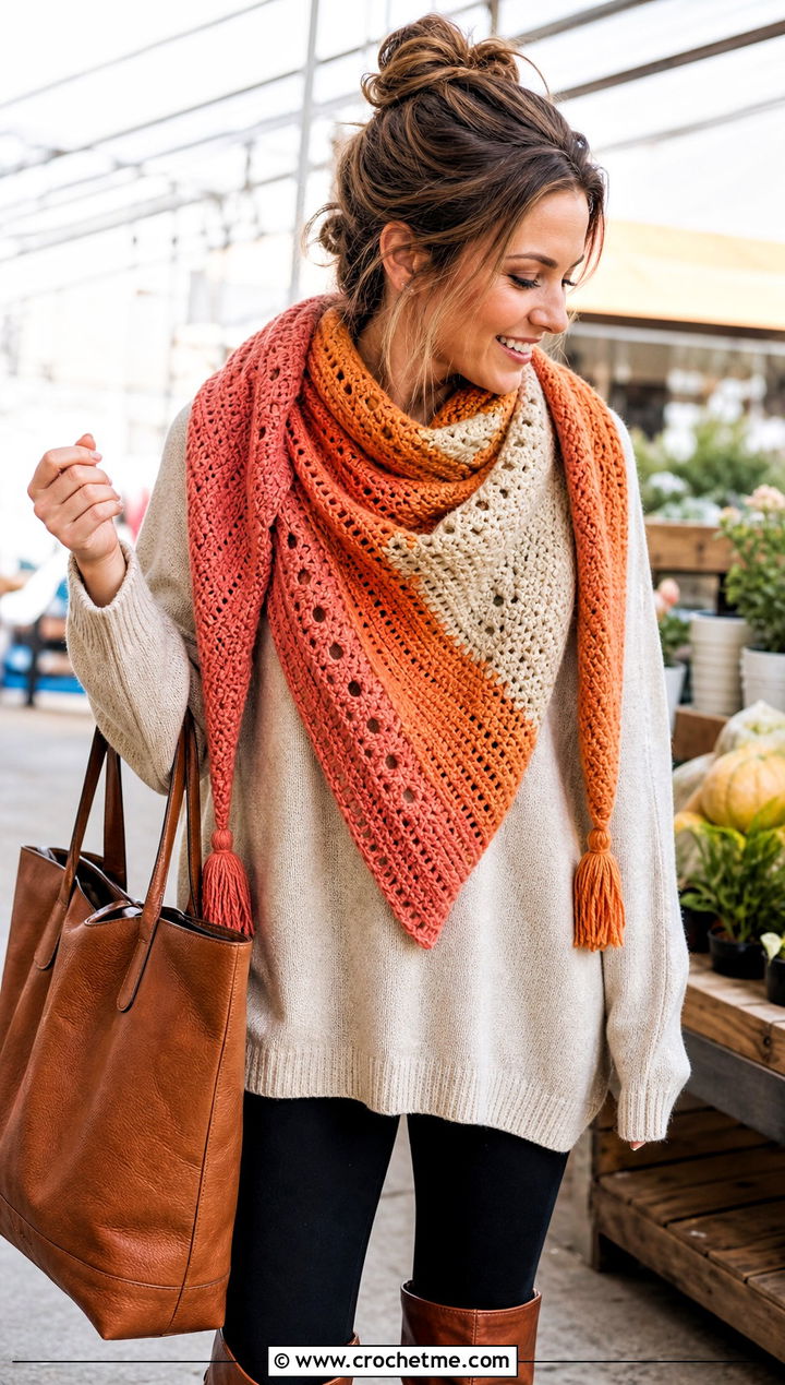 Three Color Blanket Crochet Scarf With Leggings - 25 3 Colors Crochet Scarf outfit ideas