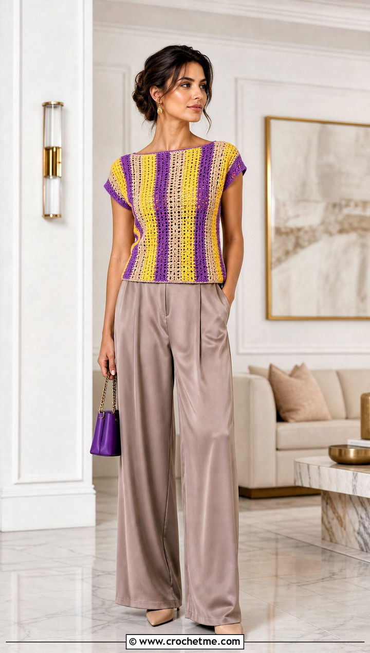 Three Color Boat Neck Crochet Top With Satin Trousers - 25 three color crochet top outfit ideas