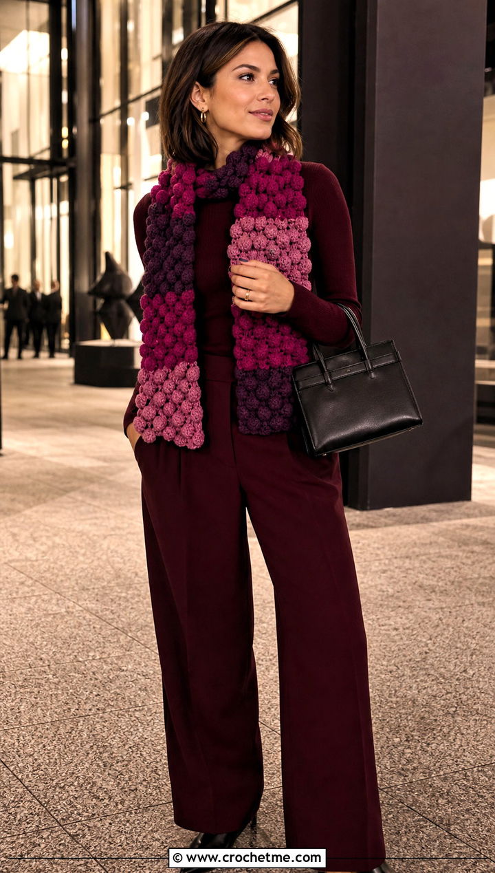 Three Color Bobble Crochet Scarf With Monochrome Outfit - 25 3 Colors Crochet Scarf outfit ideas