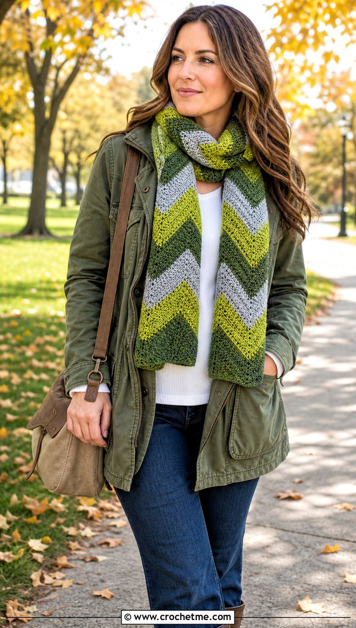 Three Color Chevron Crochet Scarf With Utility Jacket - 25 3 Colors Crochet Scarf outfit ideas