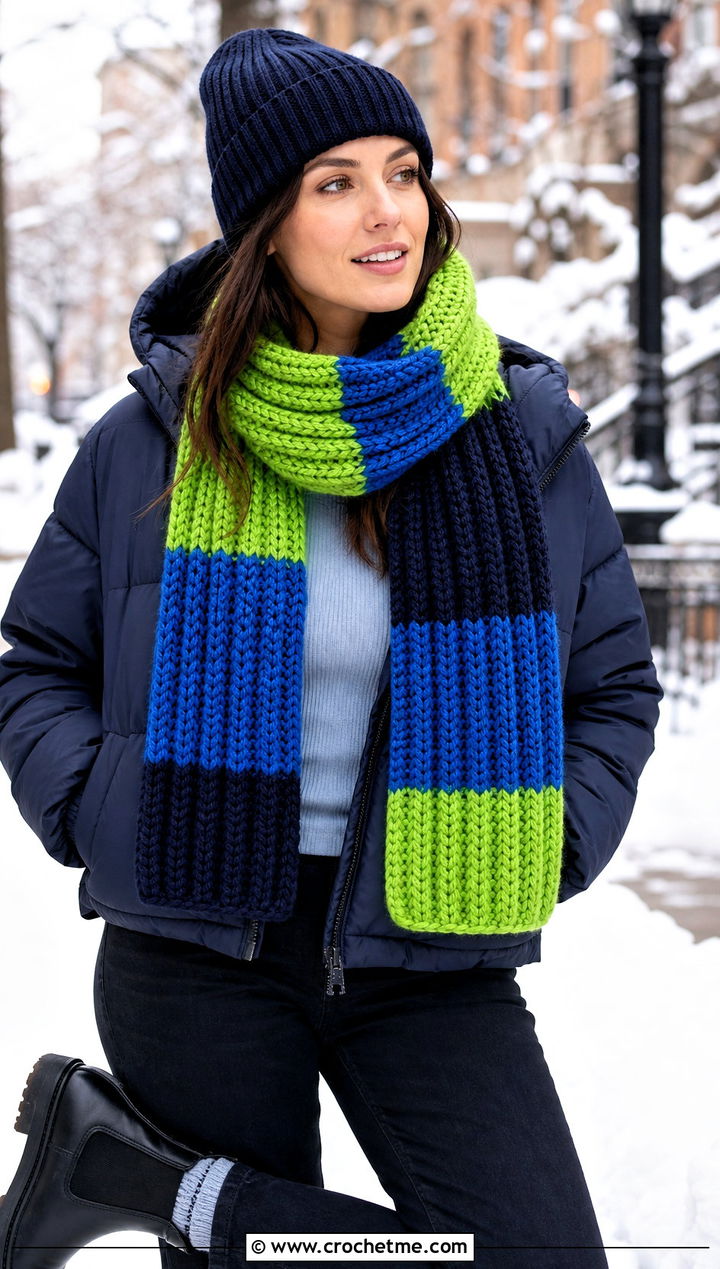 Three Color Chunky Ribbed Crochet Scarf With Puffer Jacket - 25 3 Colors Crochet Scarf outfit ideas