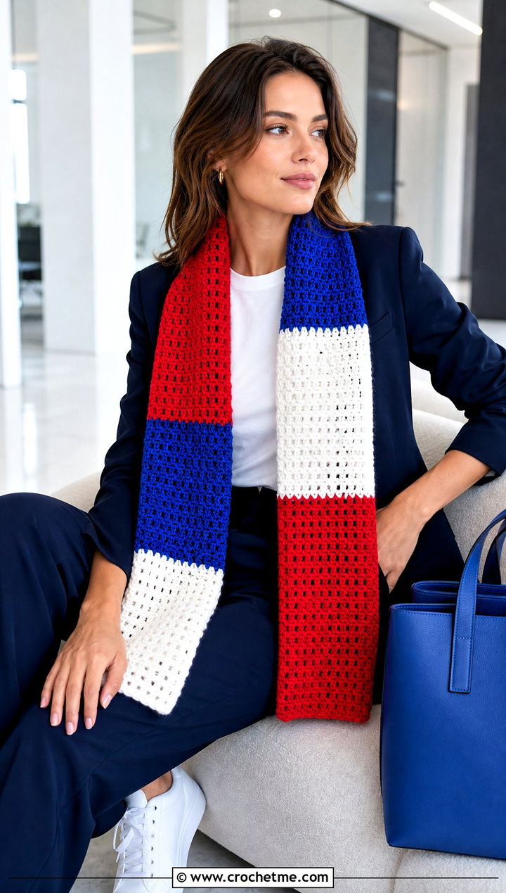 Three Color Color Block Crochet Scarf With Tailored Suit - 25 3 Colors Crochet Scarf outfit ideas