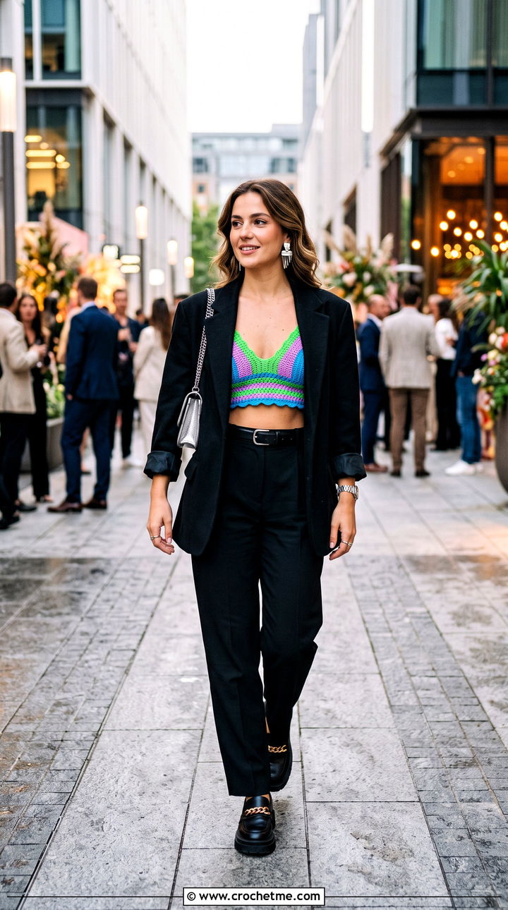 Three Color Crochet Bralette Top With Blazer And Trousers - 25 three color crochet top outfit ideas
