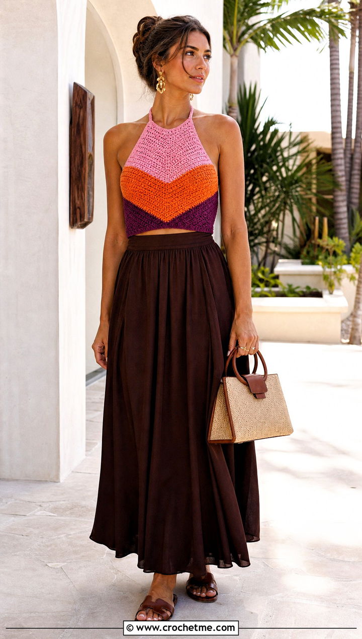 Three Color Crochet Halter Top With Maxi Skirt - 25 three color crochet top outfit ideas