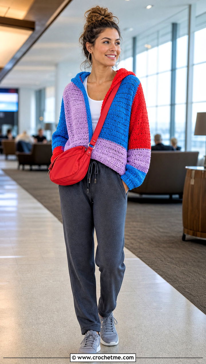 Three Color Crochet Hoodie Top With Joggers - 25 three color crochet top outfit ideas