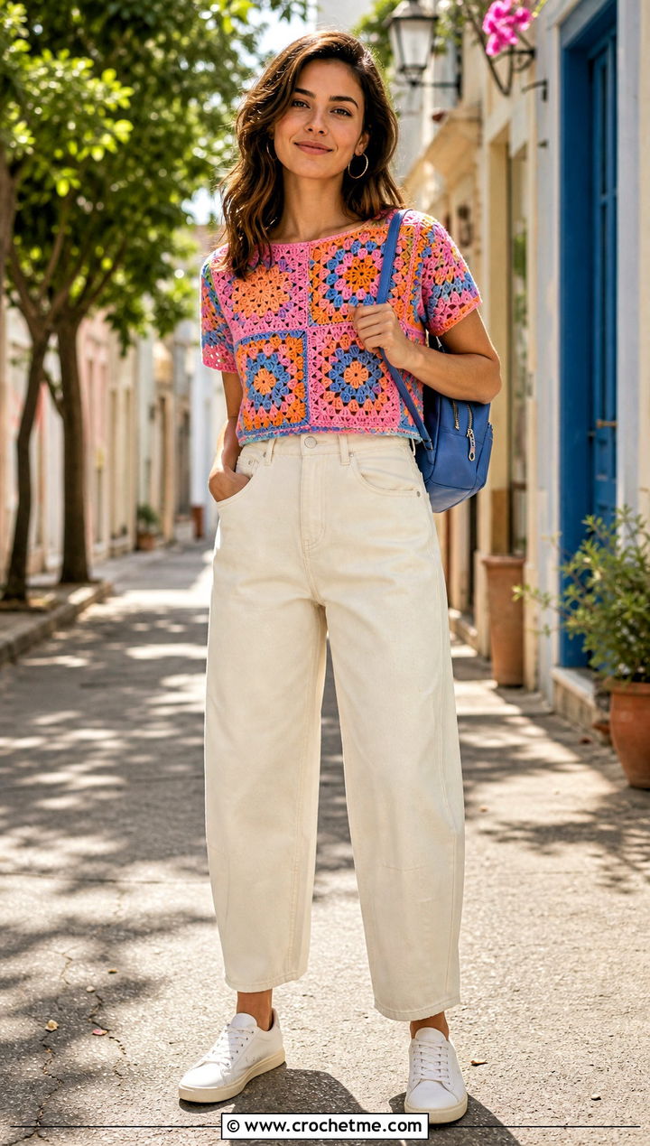 Three Color Crochet Motif Tee With Barrel Jeans - 25 three color crochet top outfit ideas