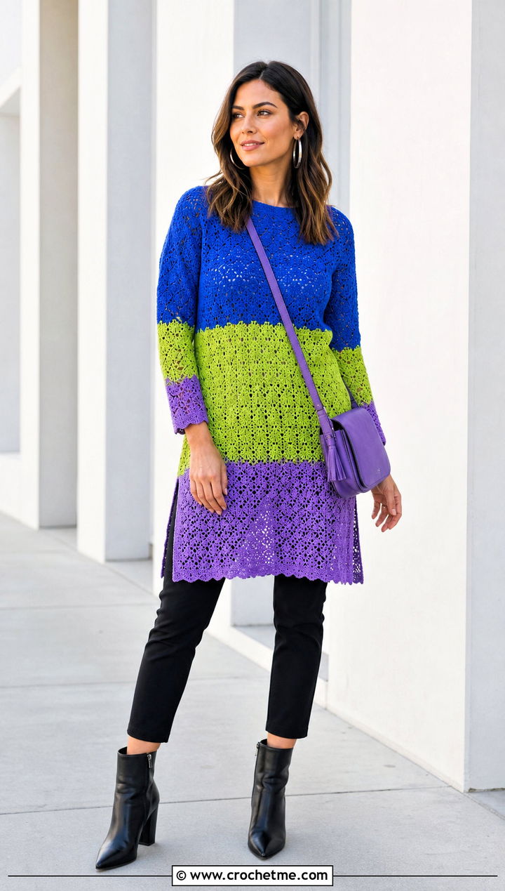 Three Color Crochet Tunic Top With Slim Pants - 25 three color crochet top outfit ideas