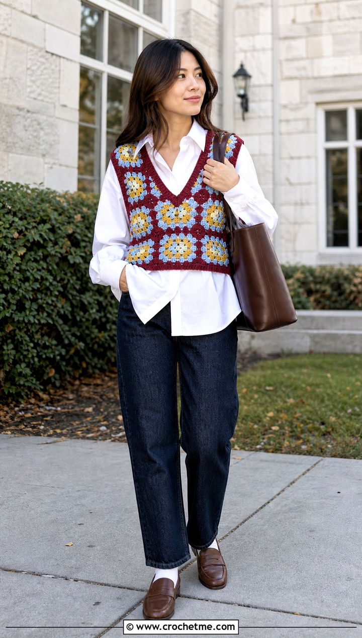 Three Color Crochet Vest With Button Down Shirt And Jeans - 25 three color crochet top outfit ideas