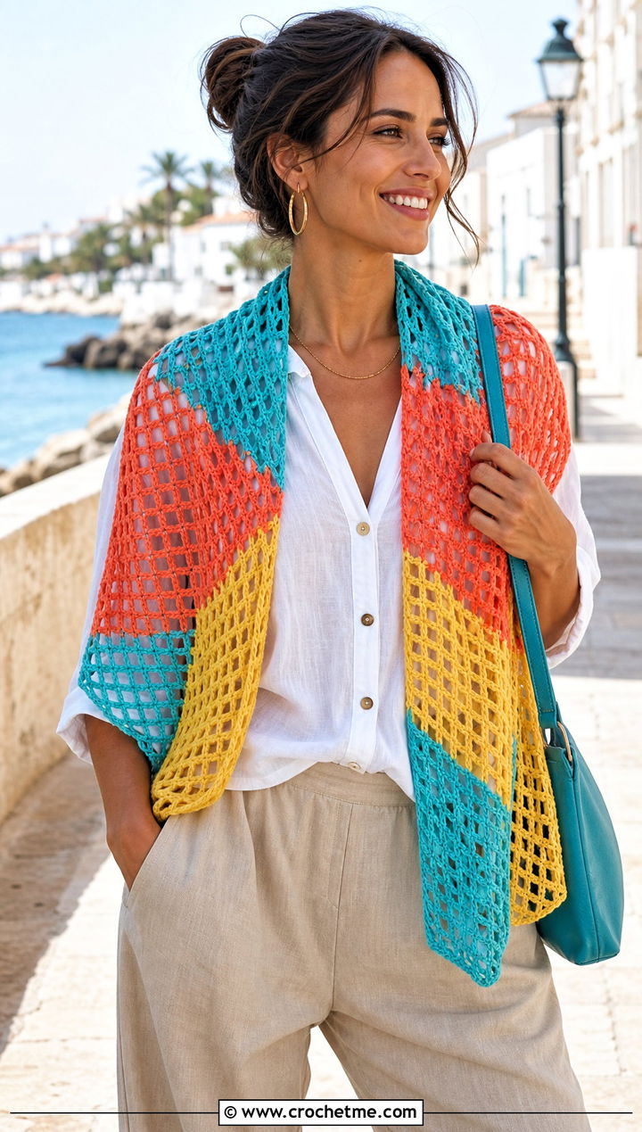 Three Color Filet Crochet Scarf With Linen Outfit - 25 3 Colors Crochet Scarf outfit ideas