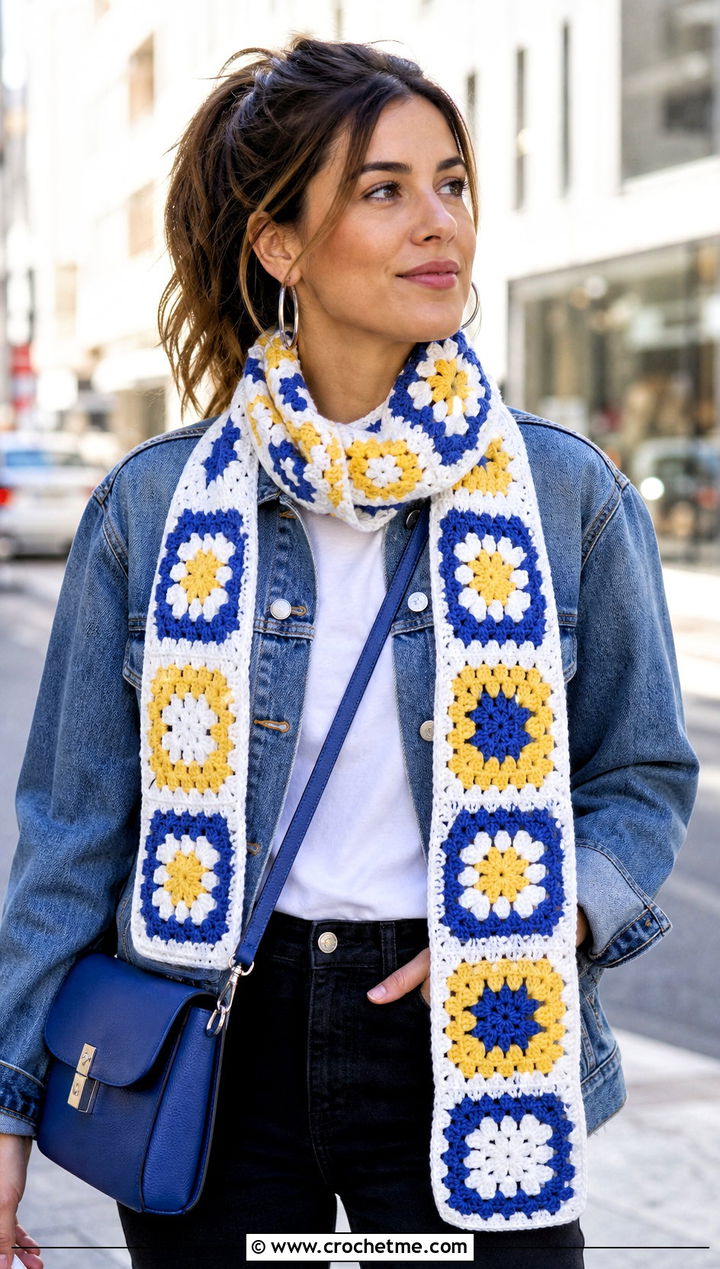 Three Color Granny Square Scarf With Denim Jacket - 25 3 Colors Crochet Scarf outfit ideas