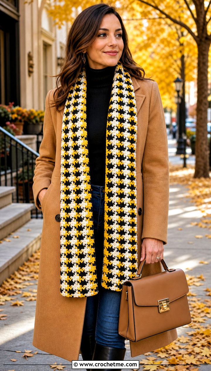 Three Color Houndstooth Crochet Scarf With Riding Boots - 25 3 Colors Crochet Scarf outfit ideas