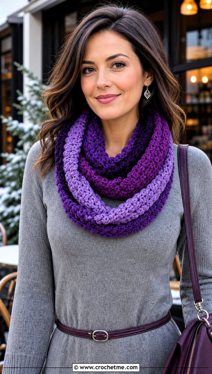 Three Color Infinity Crochet Scarf With Sweater Dress - 25 3 Colors Crochet Scarf outfit ideas