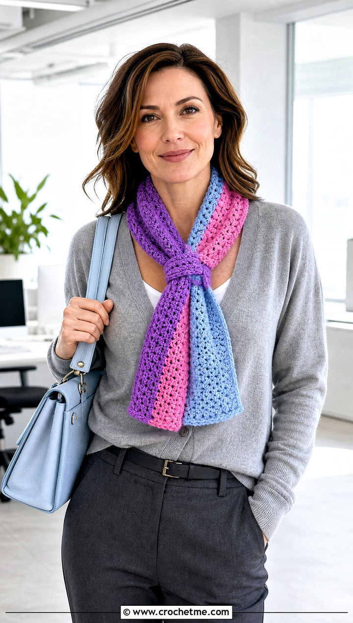 Three Color Keyhole Crochet Scarf With Cardigan - 25 3 Colors Crochet Scarf outfit ideas