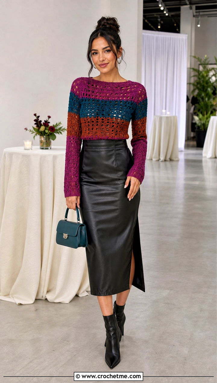 Three Color Long Sleeve Crochet Top With Leather Midi Skirt - 25 three color crochet top outfit ideas