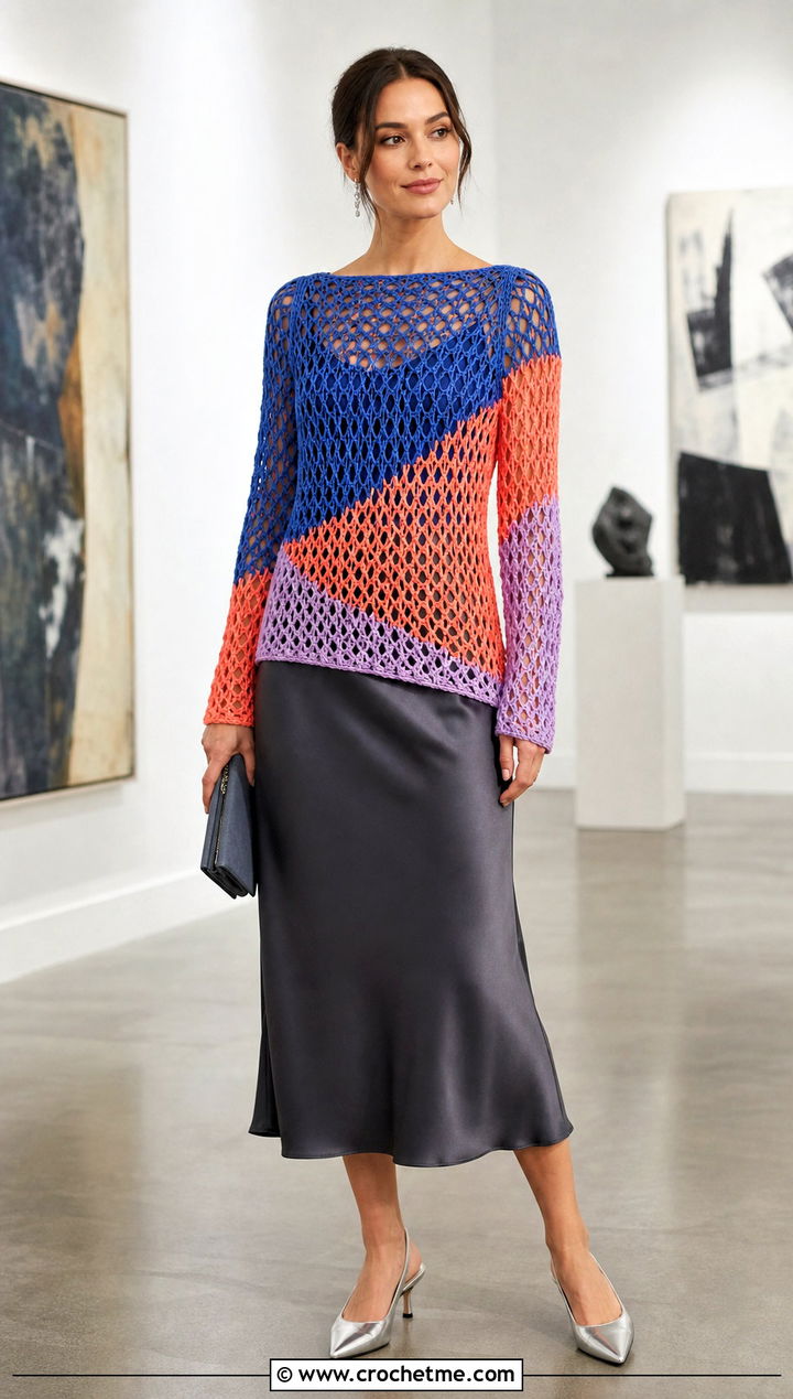 Three Color Mesh Crochet Top With Satin Midi Skirt - 25 three color crochet top outfit ideas