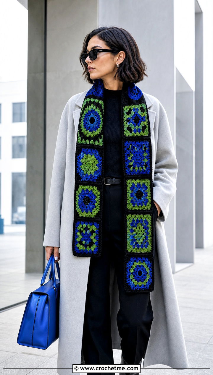 Three Color Mosaic Crochet Scarf With Minimalist Coat - 25 3 Colors Crochet Scarf outfit ideas