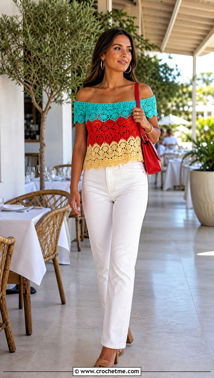 Three Color Off Shoulder Crochet Top With White Jeans - 25 three color crochet top outfit ideas