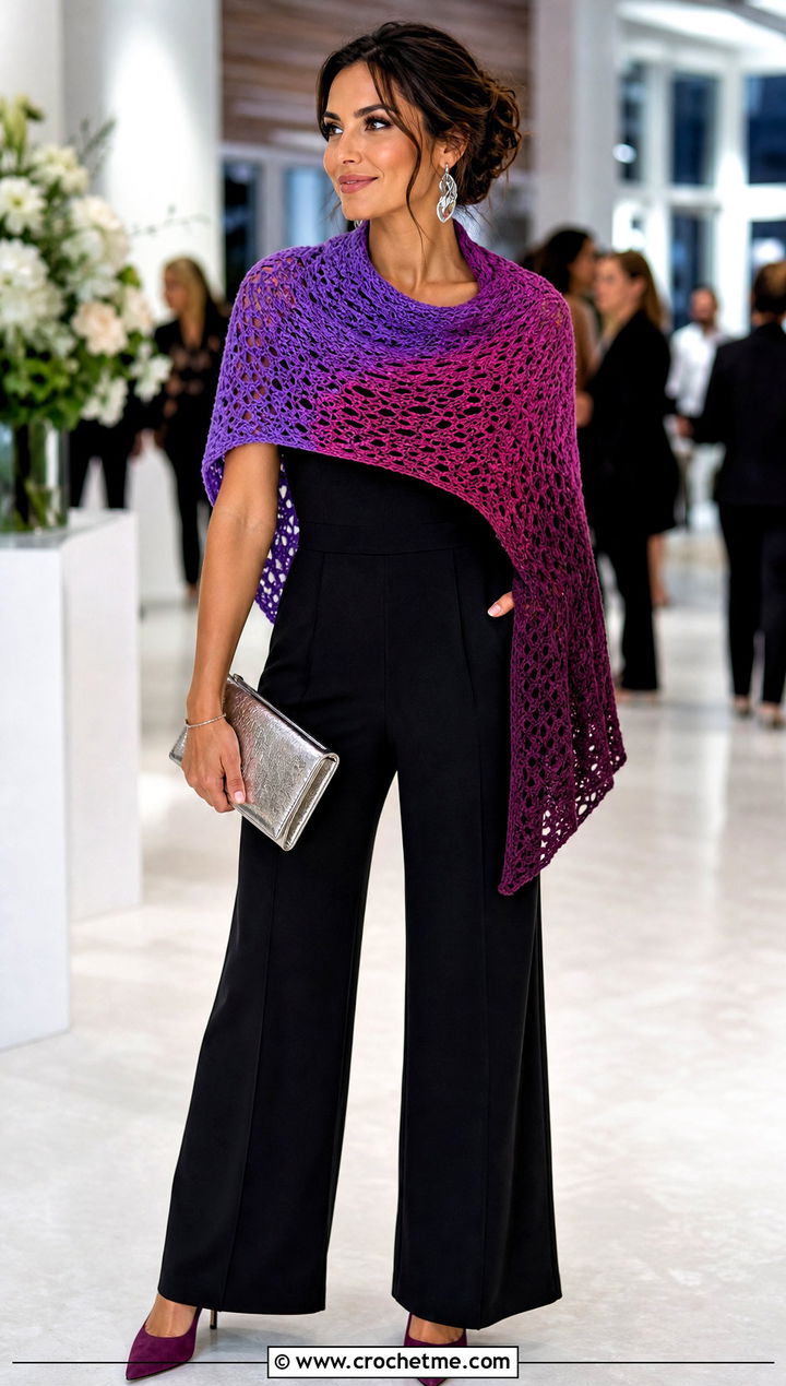 Three Color Ombre Crochet Scarf With Evening Jumpsuit - 25 3 Colors Crochet Scarf outfit ideas