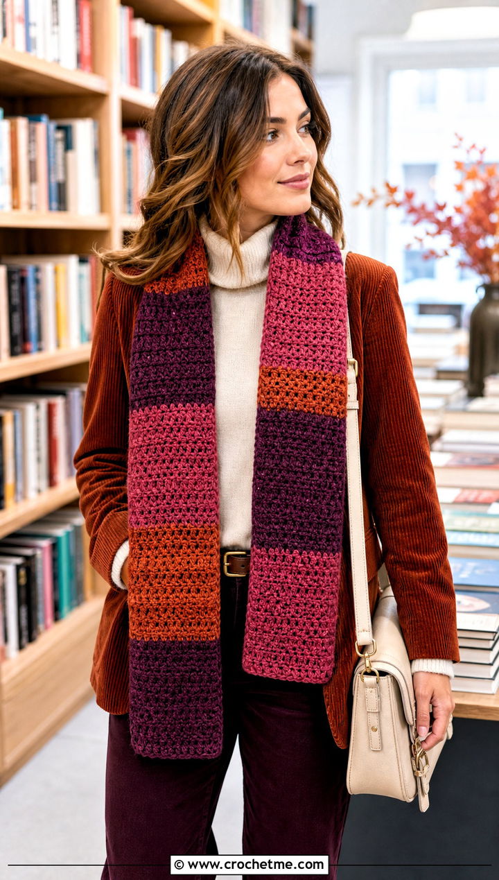 Three Color Patchwork Crochet Scarf With Corduroy Outfit - 25 3 Colors Crochet Scarf outfit ideas