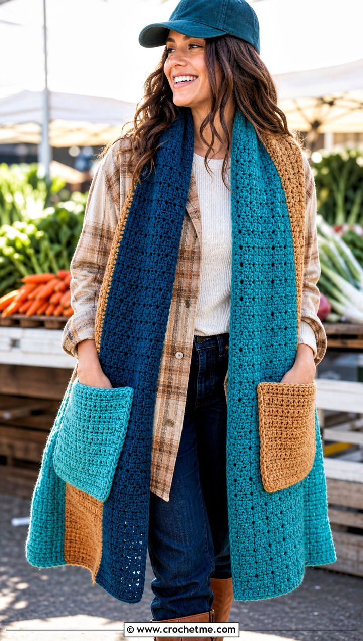 Three Color Pocket Crochet Scarf With Shacket - 25 3 Colors Crochet Scarf outfit ideas