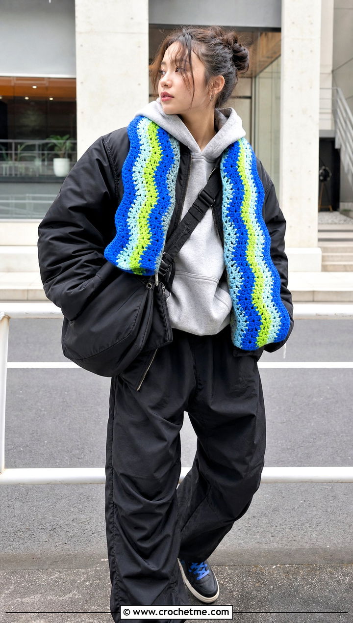 Three Color Ripple Crochet Scarf With Hoodie - 25 3 Colors Crochet Scarf outfit ideas