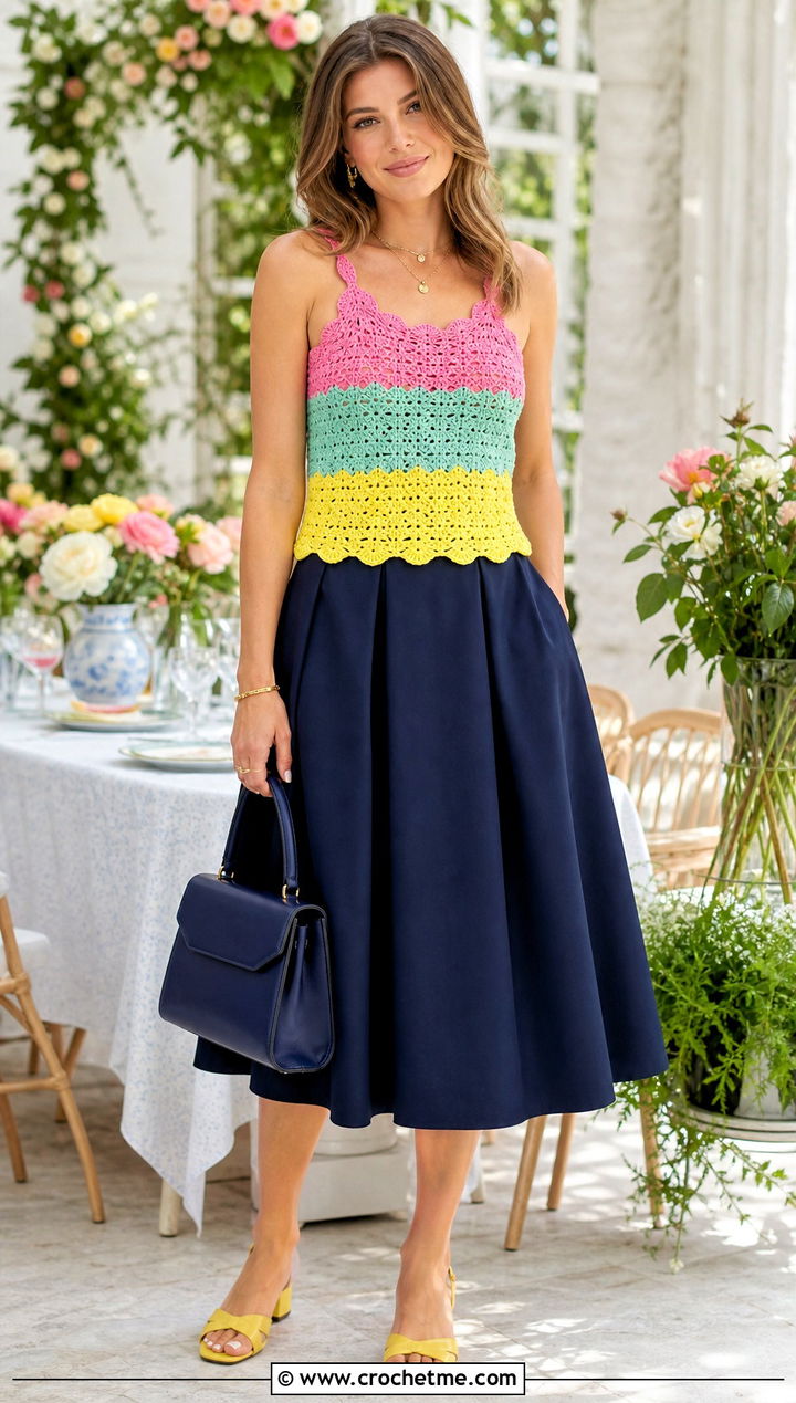 Three Color Scalloped Crochet Tank With A Line Midi Skirt - 25 three color crochet top outfit ideas