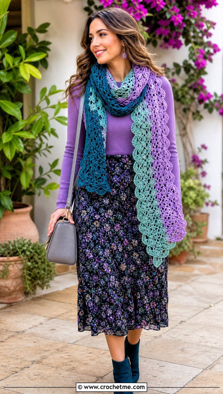 Three Color Shell Stitch Crochet Scarf With Floral Skirt - 25 3 Colors Crochet Scarf outfit ideas