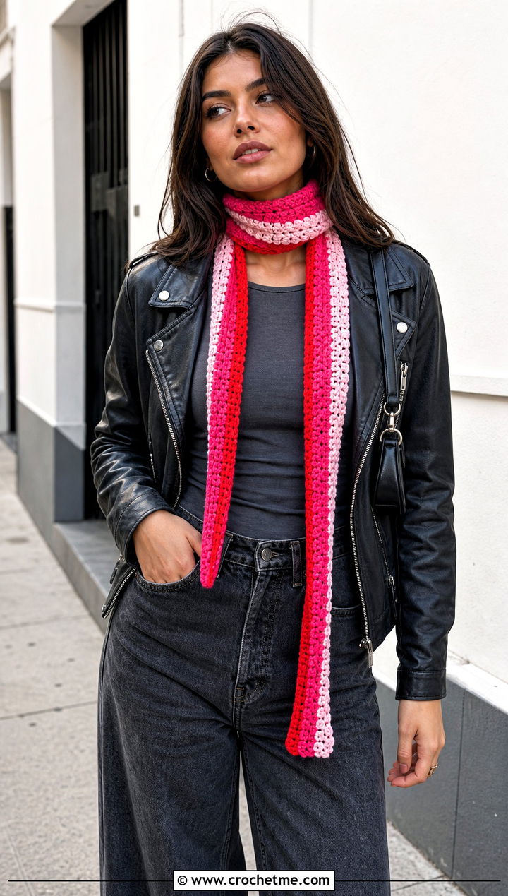 Three Color Skinny Crochet Scarf With Leather Jacket - 25 3 Colors Crochet Scarf outfit ideas