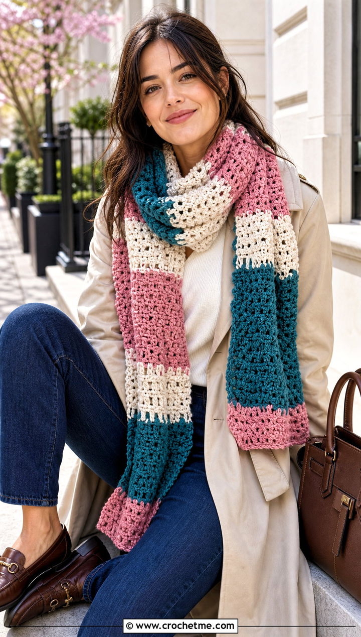 Three Color Striped Crochet Scarf With Trench Coat - 25 3 Colors Crochet Scarf outfit ideas