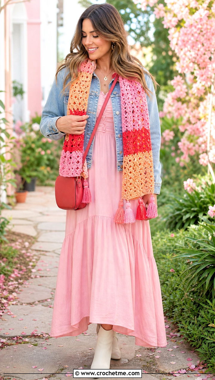 Three Color Tassel Crochet Scarf With Maxi Dress - 25 3 Colors Crochet Scarf outfit ideas