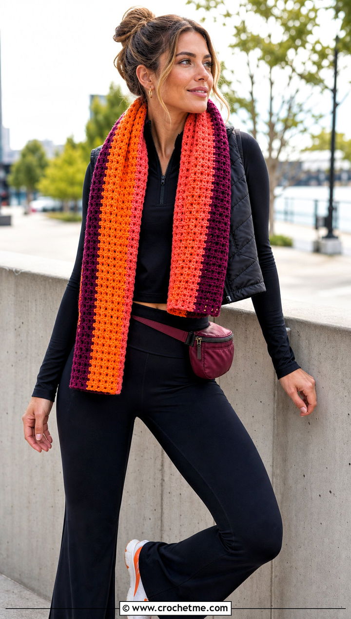 Three Color Waffle Stitch Crochet Scarf With Athleisure - 25 3 Colors Crochet Scarf outfit ideas