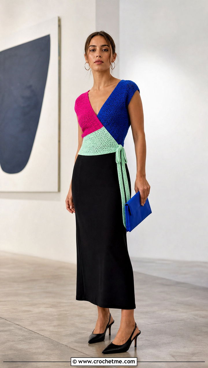 Three Color Wrap Crochet Top With Column Skirt - 25 three color crochet top outfit ideas