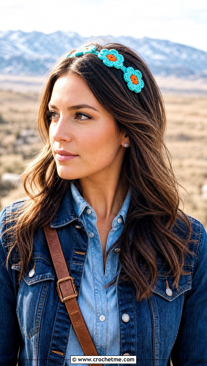 Three Daisy Crochet Headband With Western Denim Outfit - 25 Crochet Daisy Headband outfit ideas