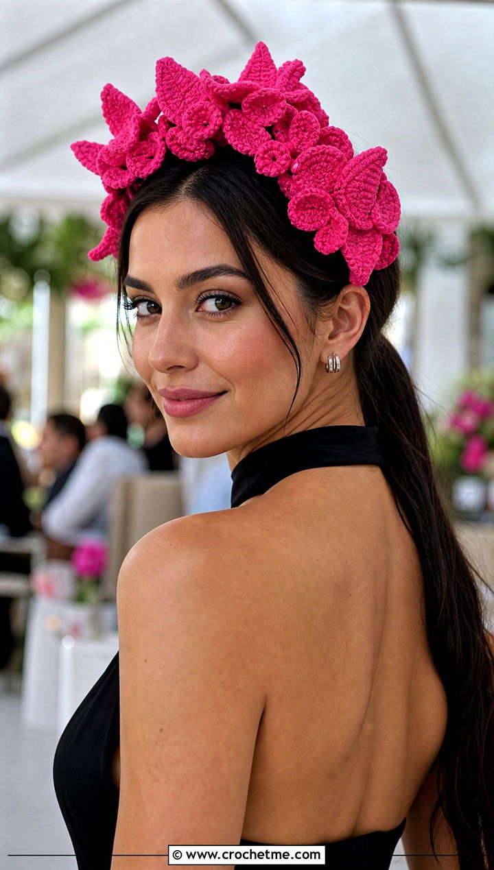 Three Dimensional Flower Headband Set With Party Jumpsuit - 15 crochet flower and headband set outfit ideas