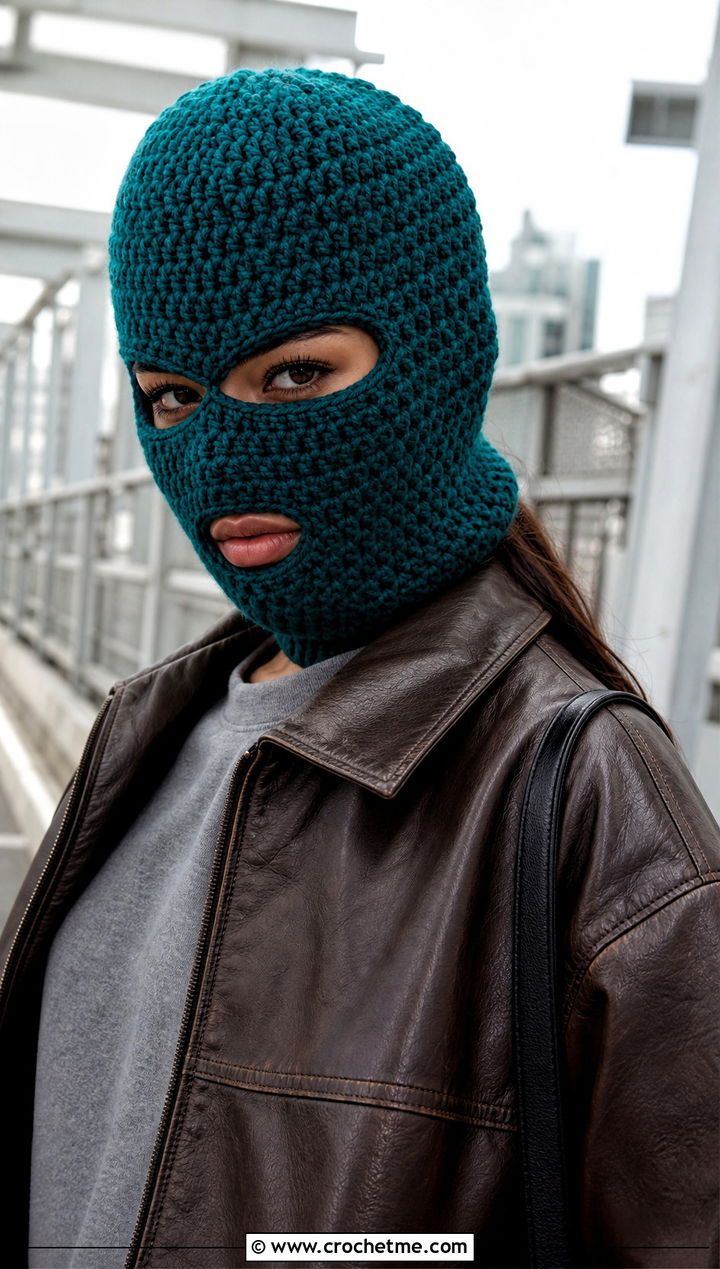 Three Hole Crochet Ski Mask With Leather Jacket - 20 crochet balaclava ski mask outfit ideas
