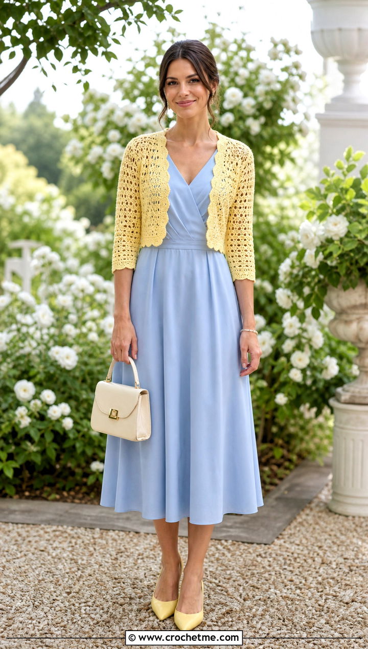 Three Quarter Sleeve Bolero With Tea Length Dress - 35 crocheted bolero outfit ideas