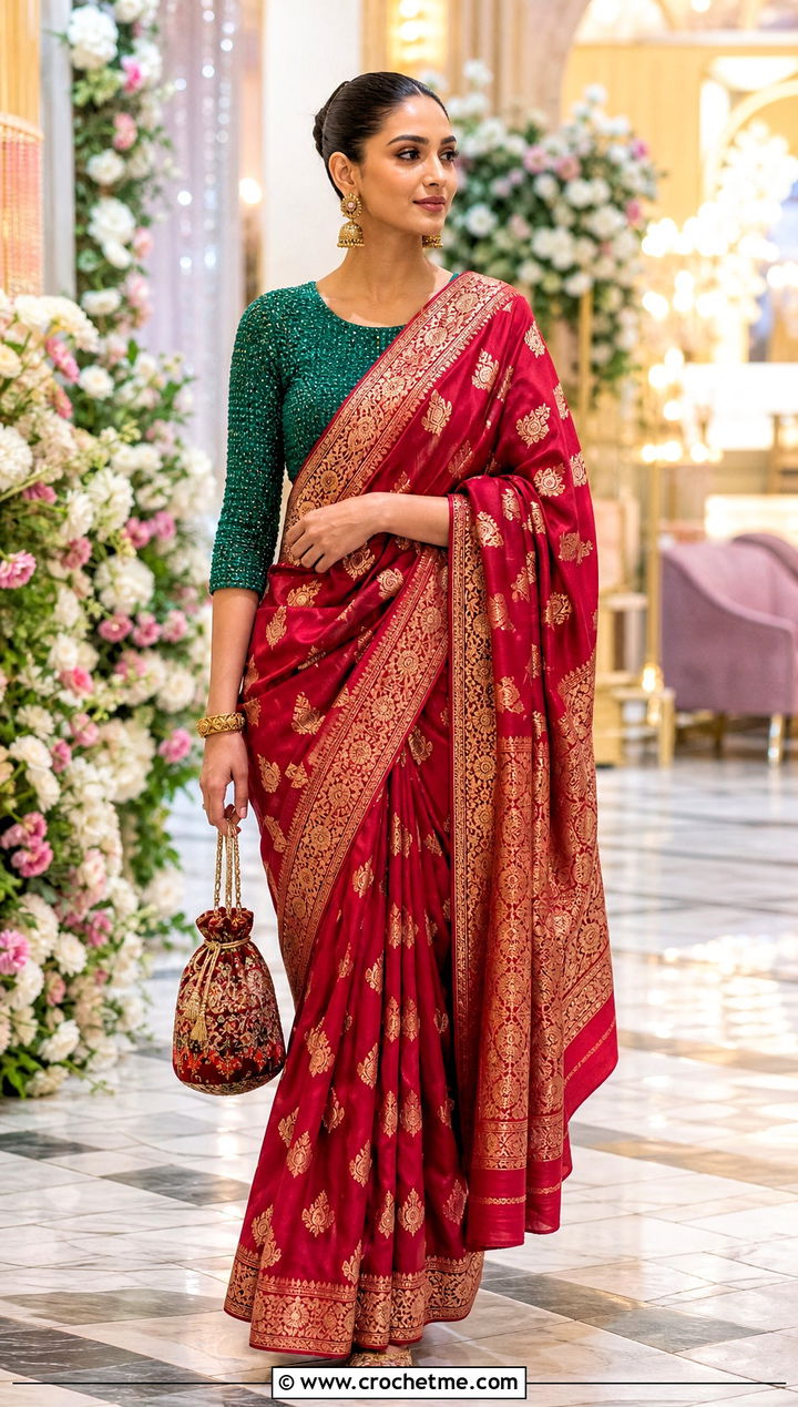 Three Quarter Sleeve Crochet Blouse With Banarasi Saree - 35 Crochet Blouse For Saree outfit ideas
